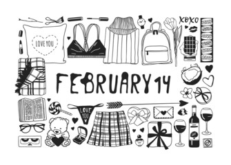 Fototapeta premium Hand drawn Fashion Illustration Romantic Objects and quote. Creative ink art work. Actual vector drawing of Holiday things. Happy Valentine's Day set and text