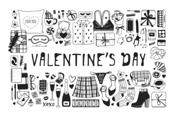 Hand drawn Fashion Illustration Romantic Objects and quote. Creative ink art work. Actual vector drawing of Holiday things. Happy Valentine's Day set and text