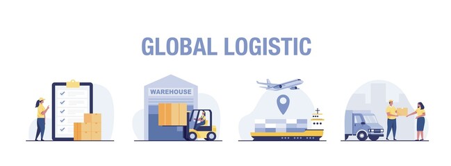 Global logistic chain. International supply, distribution, warehouse. Illustration - obrazy, fototapety, plakaty