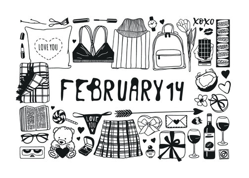 Hand drawn Fashion Illustration Romantic Objects and quote. Creative ink art work. Actual vector drawing of Holiday things. Happy Valentine's Day set and text