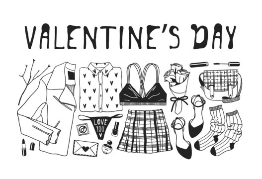Hand drawn Fashion Illustration Romantic Objects and quote. Creative ink art work. Actual vector drawing of Holiday things. Happy Valentine's Day set and text