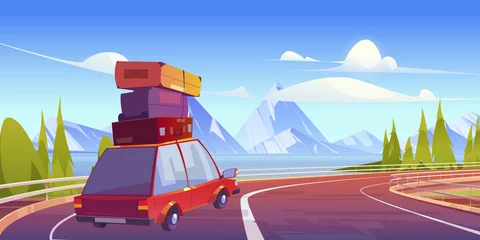 Rollo Car with luggage on roof drive on overpass road on lake shore with mountains on horizon. Vector cartoon illustration of summer landscape with highway bridge, river, white rocks and auto with suitcases © klyaksun