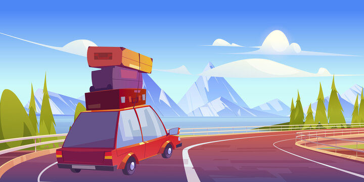 Car with luggage on roof drive on overpass road on lake shore with mountains on horizon. Vector cartoon illustration of summer landscape with highway bridge, river, white rocks and auto with suitcases