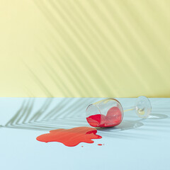 A champagne glass spills red paint on a blue background. Summer and love concept.