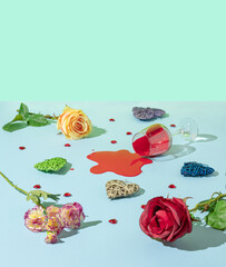 Creative pattern made of roses with colorful hearts and champagne glasses on a pastel blue background with creative turquoise copy space. Minimal abstract concept. Holiday and love idea.