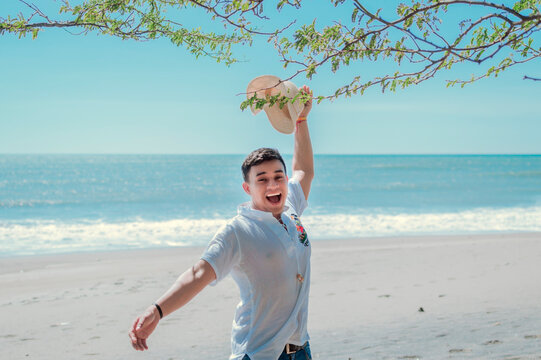 Happy Handsome Man On Vacation Outdoors, Latin Young Man On The Beach