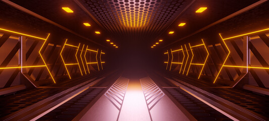 Red futuristic scifi space hangar tunnel corridor 3d illustration - obrazy, fototapety, plakaty
