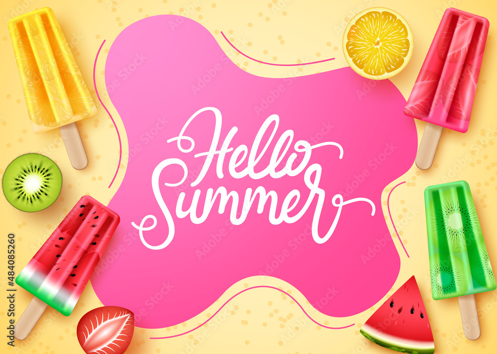 Sticker summer greeting vector template design. hello summer text in beach sand with popsicles dessert and f