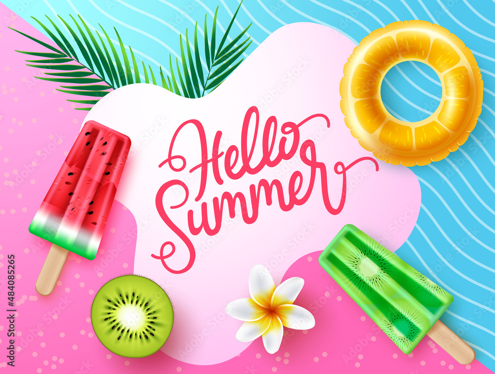 Poster summer vector background design. hello summer typography text in abstract space with popsicles, floa