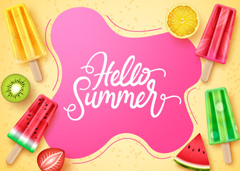 Summer greeting vector template design. Hello summer text in beach sand with popsicles dessert and fruits elements for relax and enjoy tropical holiday messages. Vector illustration.
