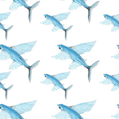 Fototapeta premium Flying fish seamless pattern, watercolor