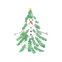 Snowman in a tree, watercolor