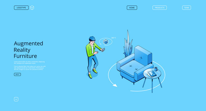 Augmented reality furniture banner. AR technologies, smart app for mobile phone with virtual interior store catalog. Vector landing page with isometric man with smartphone, armchair and table