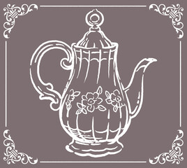 アンティークなお花模様のティーポット。ベクターイラスト素材