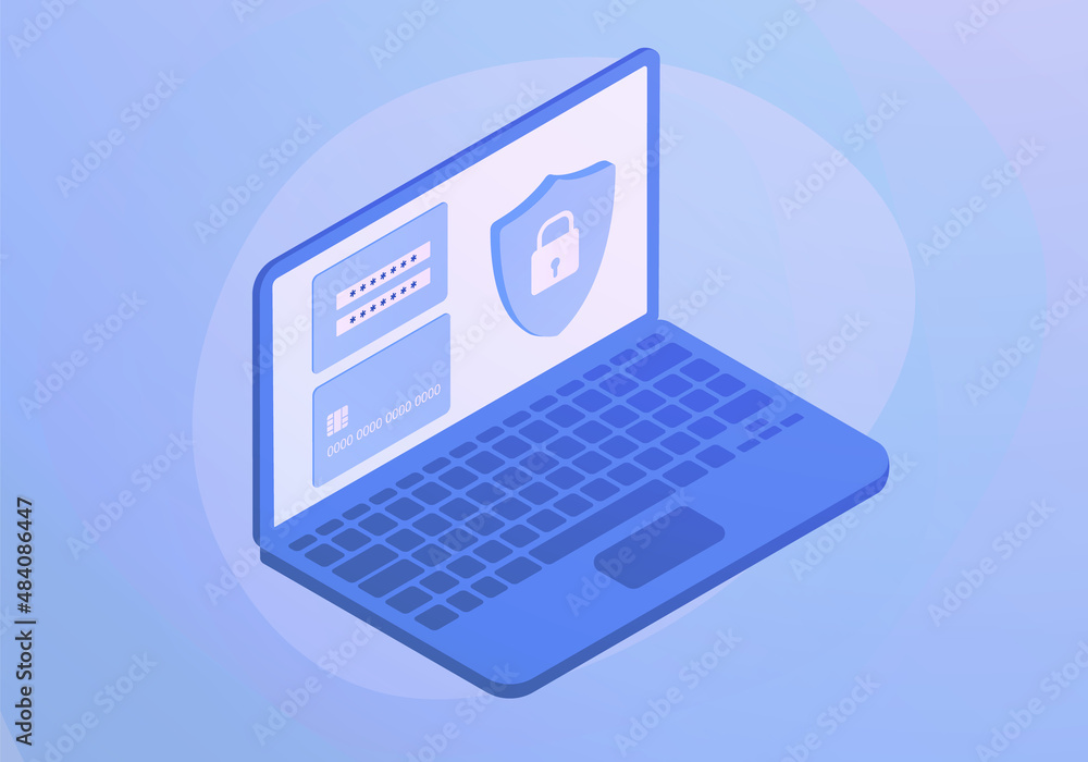 Poster online payment concept. a laptop with a secure payment form on the screen with fields for entering a