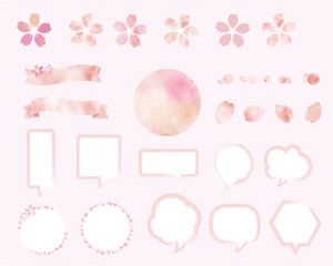 桜素材セット　ピンク背景　手書き　水彩　