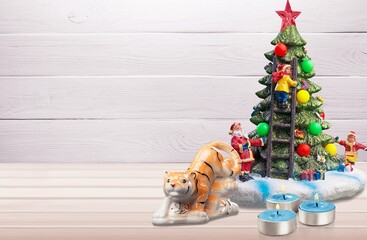 Christmas table decoration with christmas trees. Festive interior design