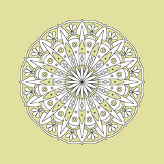 Mandala. Ornamental round doodle flower isolated on yellow background. Geometric circle element. Vector illustration.