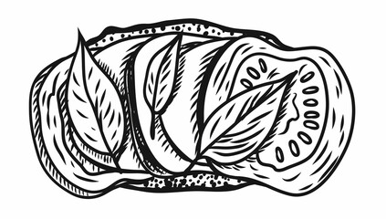 Vector illustration of italian toast bruschetta with mozzarella cheese and tomato slices top view. Scribble. Doodle