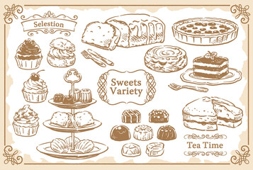 クラシカルなお菓子とフレームの素材セット。ベクターイラスト素材