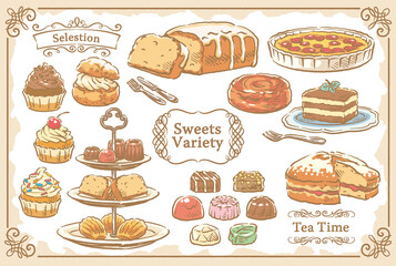 クラシカルなお菓子とフレームの素材セット。ベクターイラスト素材