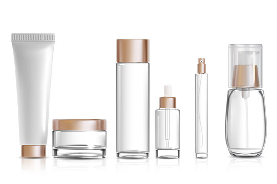 Realistic Detailed 3d Different Cosmetic Container Mock Up Set Include Of Bottle, Tube And Jar. Vector Illustration