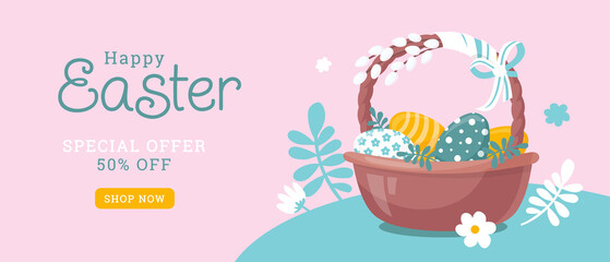 Easter holiday. Basket with colored eggs. Concept for an advertising banner. Vector image. 