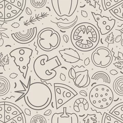 Foto auf Glas Ingredients Pizza Thin Line Seamless Pattern Background Include of Tomato, Pepper, Onion and Cheese. Vector illustration © bigmouse108