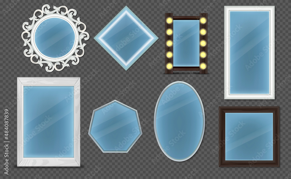 Poster realistic detailed 3d different shapes mirrors set on a transparent background. vector illustration 