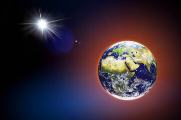 Star of jesus. Planet Earth on black background with bright star. Christmas Star of Jesus Christ.