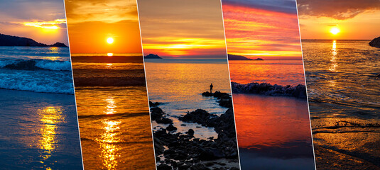 Beautiful collage of tropical sunset images, beach, red orange blue sky, sun and clouds at...