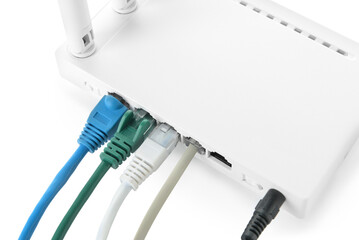 Wi-Fi router with network cables on white background