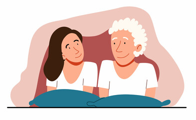A couple of men and women lying in bed. A guy and a girl are talking under a blanket. Vector illustration in a flat style.