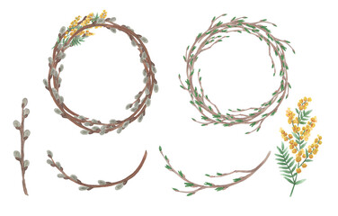 Branchy spring wreath of willow branches with fluffy earrings. Round easter or wedding rustic frame. Watercolor, set of isolated compositions © Natasha Parfe