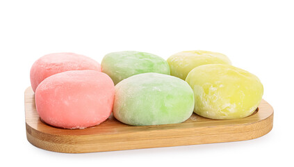 Board with delicious mochi on white background