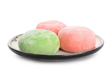 Plate with delicious mochi on white background