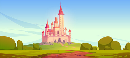 Road to fairy tale castle on hill. Vector cartoon illustration of summer landscape of fantasy kingdom with royal palace with towers. Medieval chateau on green fields with path and bushes © klyaksun