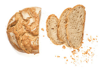 Sliced bread isolated on white background. Crumbs and fresh Bread slices close up. Top view.