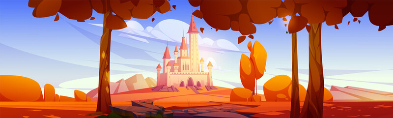Autumn landscape with road to castle on hill. Vector cartoon illustration of fall landscape of fairy tale kingdom with royal palace with towers, stones and orange leaves on trees © klyaksun