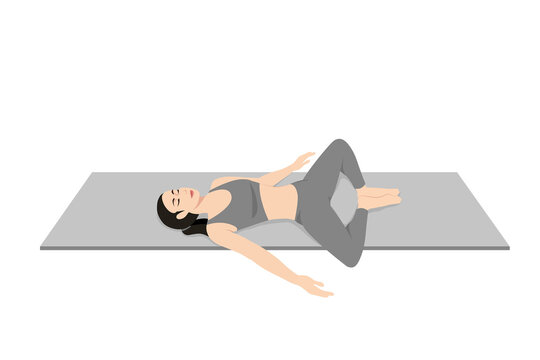 Reclining Bound Angle Pose, Reclining Cobbler Pose, Reclining Fixed Angle Pose. Beautiful girl practice Supta Baddha Konasana. Young attractive woman practicing yoga exercise. working out, black