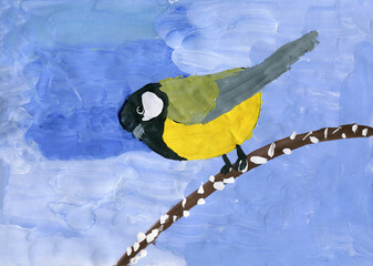 A stylized image of a tit bird on a winter background.