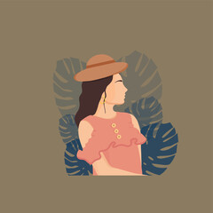 Vector illustration of a girl in the tropics. Silhouette of a girl in profile with an elegant hat and blouse. The background is represented by tropical monstera plants. Design for clothes, cards etc