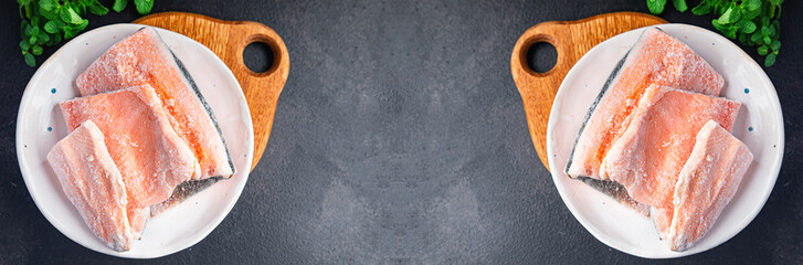 frozen fish fillet salmon or char fresh portion dietary healthy meal food diet still life snack on the table copy space food background rustic top view 