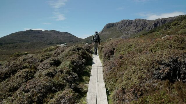 a male hiker with solomon's throne in the distance at walls of jerusalem national park in tasmania, australia