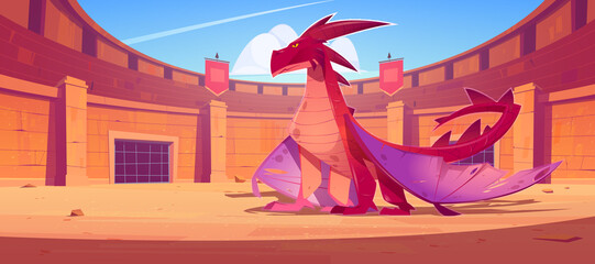 Red dragon on ancient arena for gladiators fight. Vector cartoon fantasy illustration of fighting amphitheater with stone columns, flags and scary magic beast with wings © klyaksun