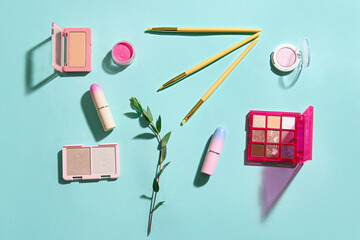 Makeup cosmetics on color background