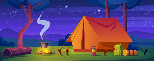 Summer camp in forest with bonfire and tent at night. Vector cartoon illustration of landscape with trees, log, stars in dark sky and campsite with backpack, lantern and bowler on fire © klyaksun