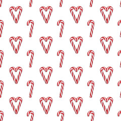 Watercolor seamless pattern. Endless background from candy cane on a white background. Hearts peppermint stick party backdrop. Ideal for scrapbooking, wrapping paper, fabric pattern, invitation.