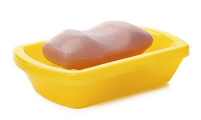 Soap on a plastic soap dish isolated on a white background