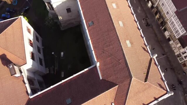 Aerial views of the roofs of the Faculty of Medicine  and church of San Francisco. Santiago de Compostela